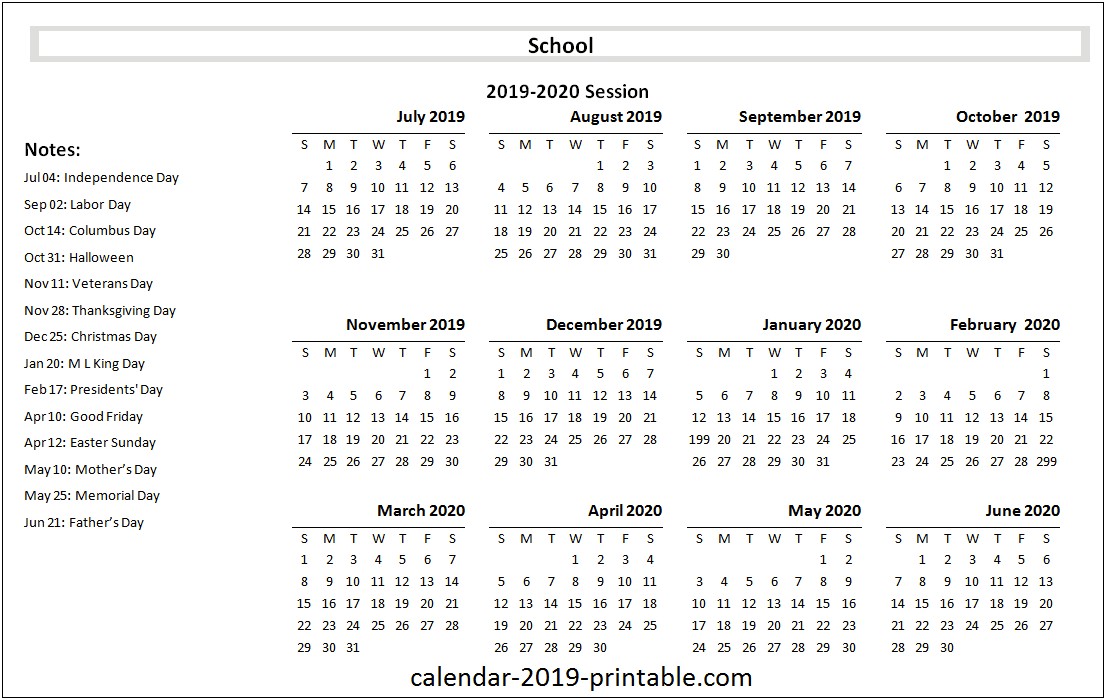 2019 2020 Academic Calendar Template In Word