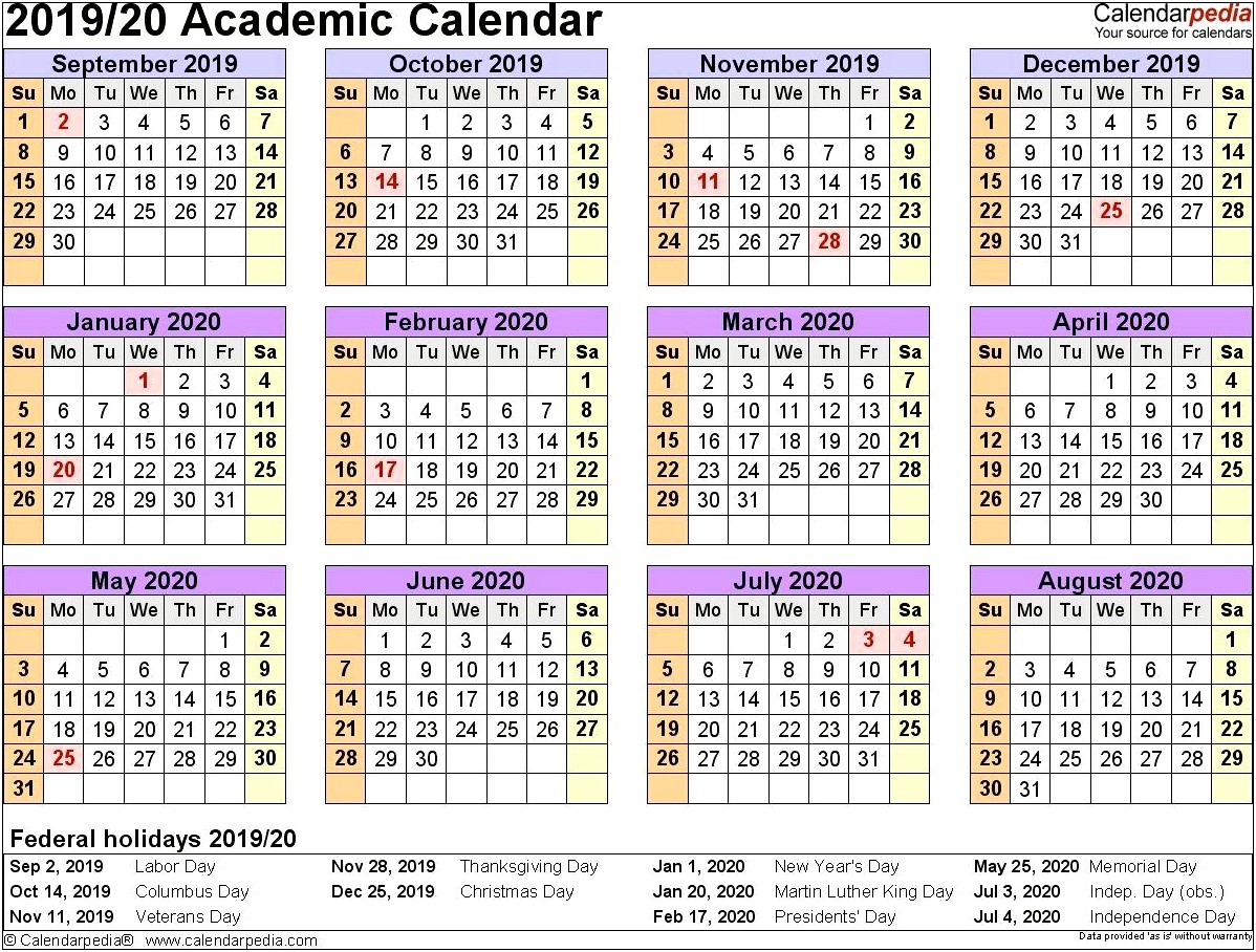 2019 2020 Academic Calendar Template Word