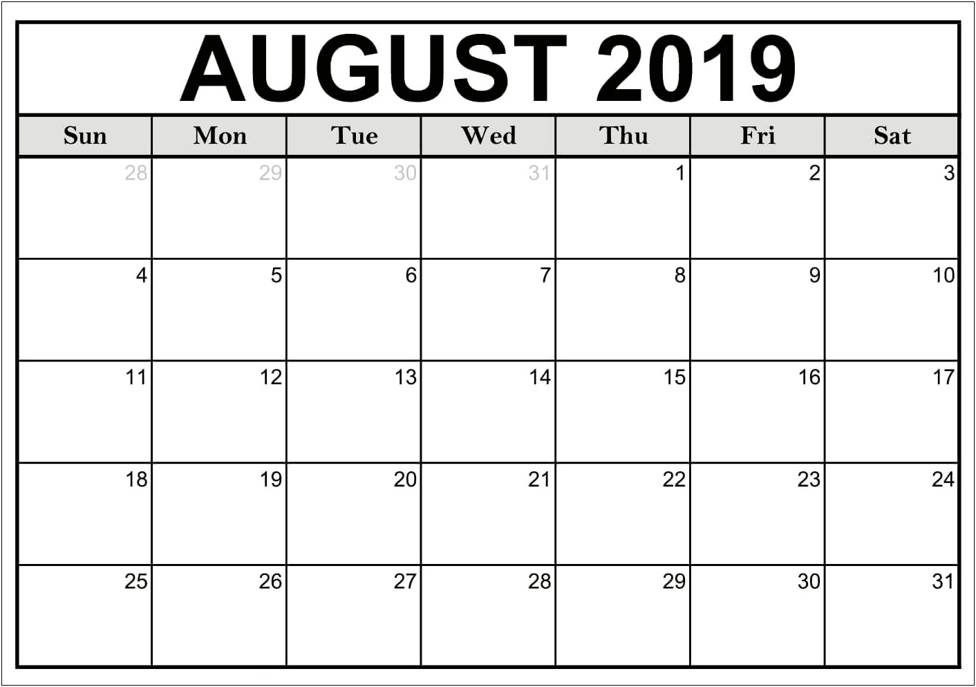 2019 August Monthly Calendar Template Word