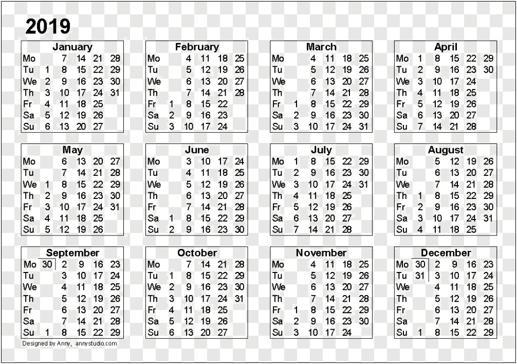 2019 Blank Yearly Calendar Template Word