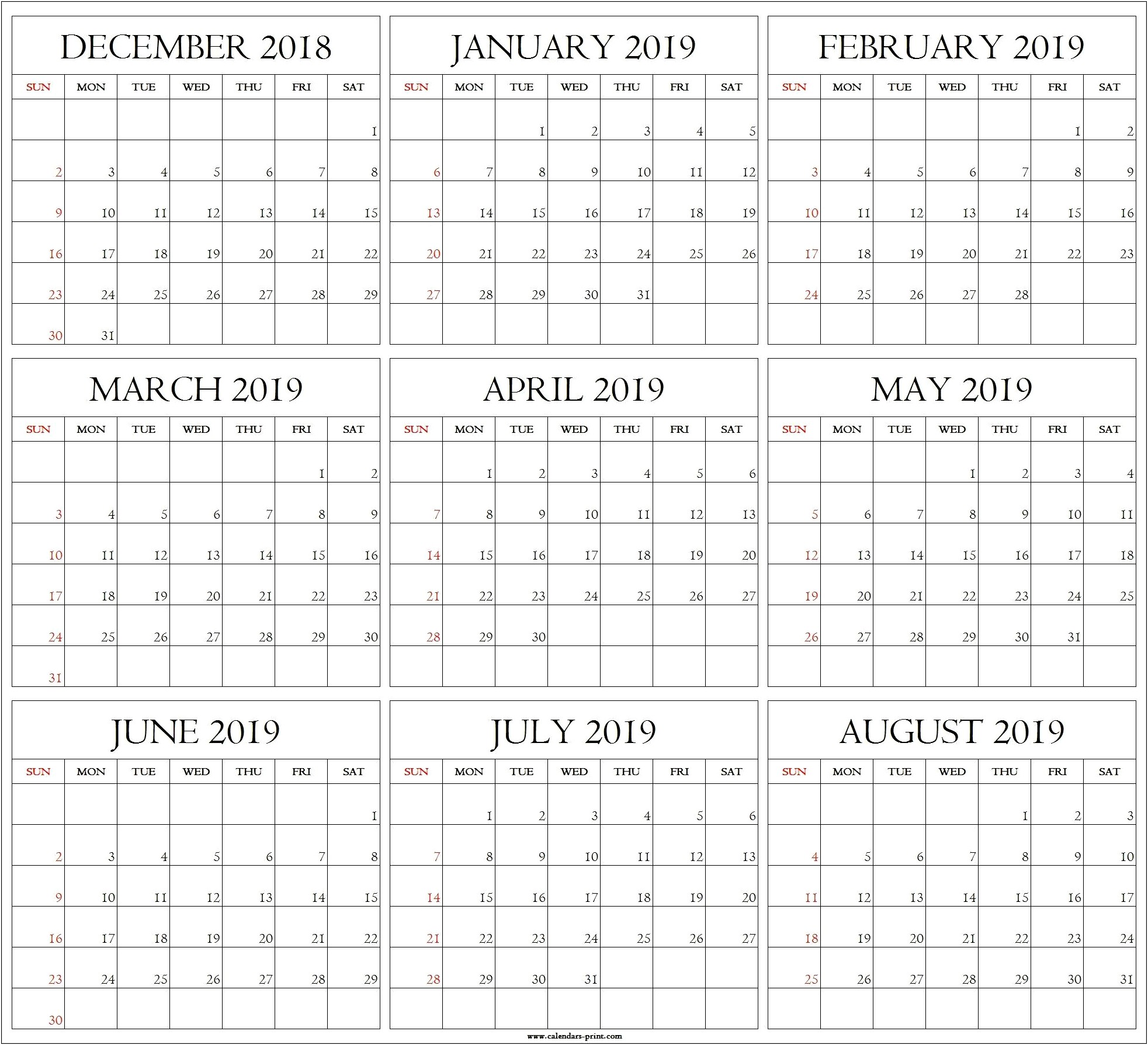 2019 Calendar Template No Words Numbers Pdf