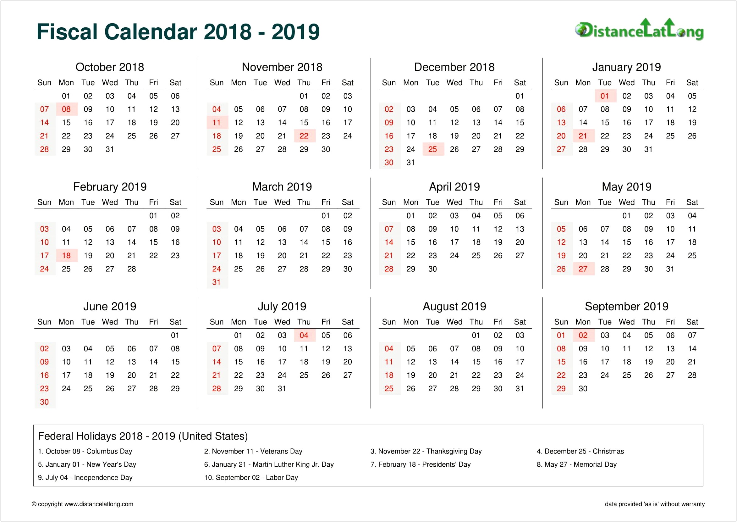 2019 Calendar Template Word With Holidays