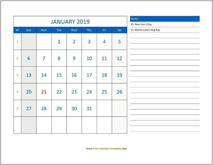2019 Calendar Template Word With Week Numbers