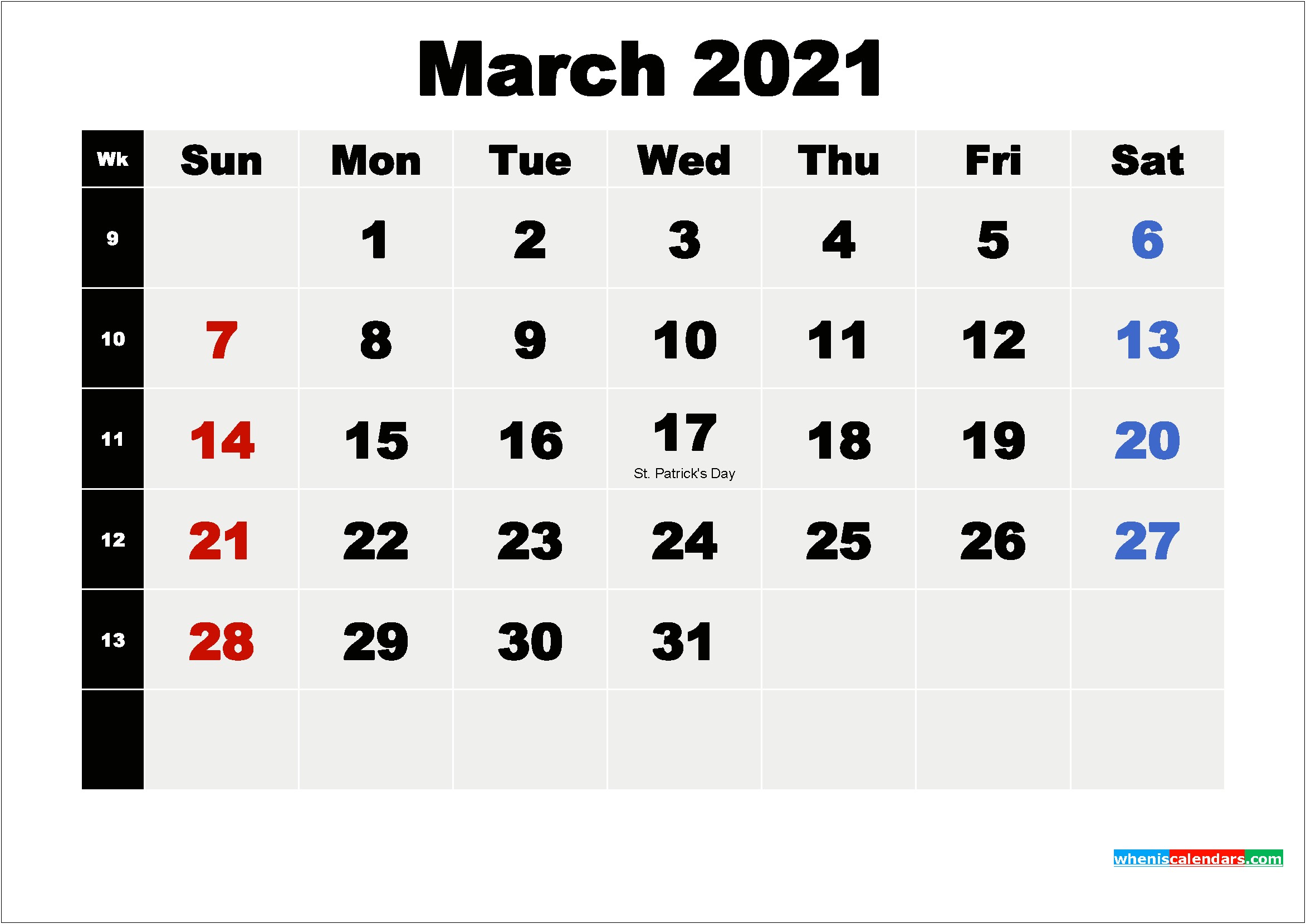 2019 Monthly Calendar Template Word March