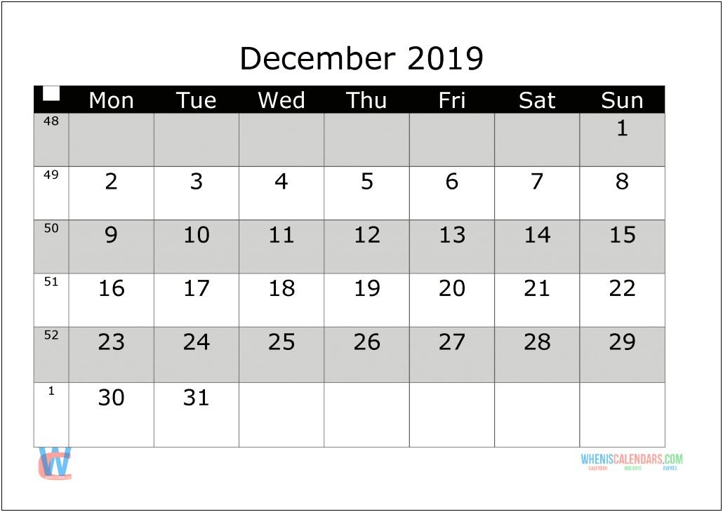 2019 Monthly Calendar Template Word Starting Monday