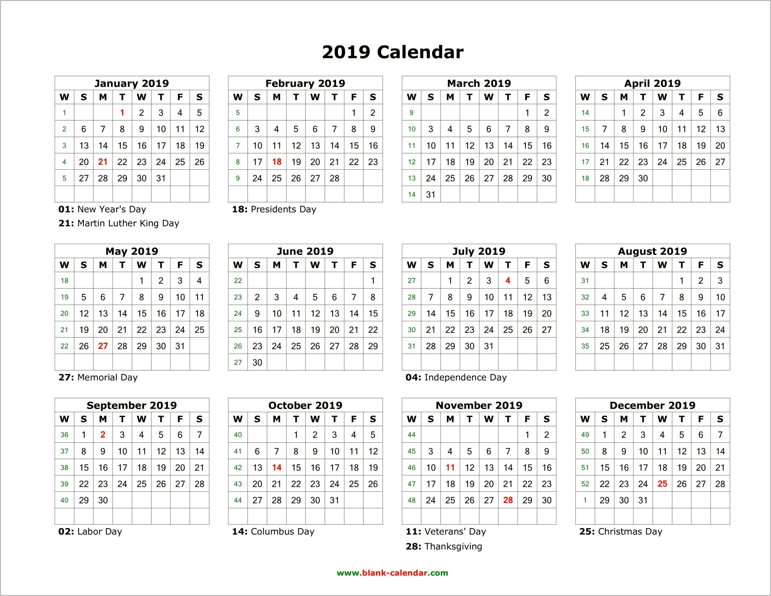 2019 One Page Calendar Template Word