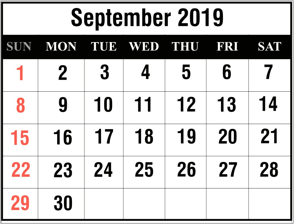 2019 September Monthly Calendar Template Word