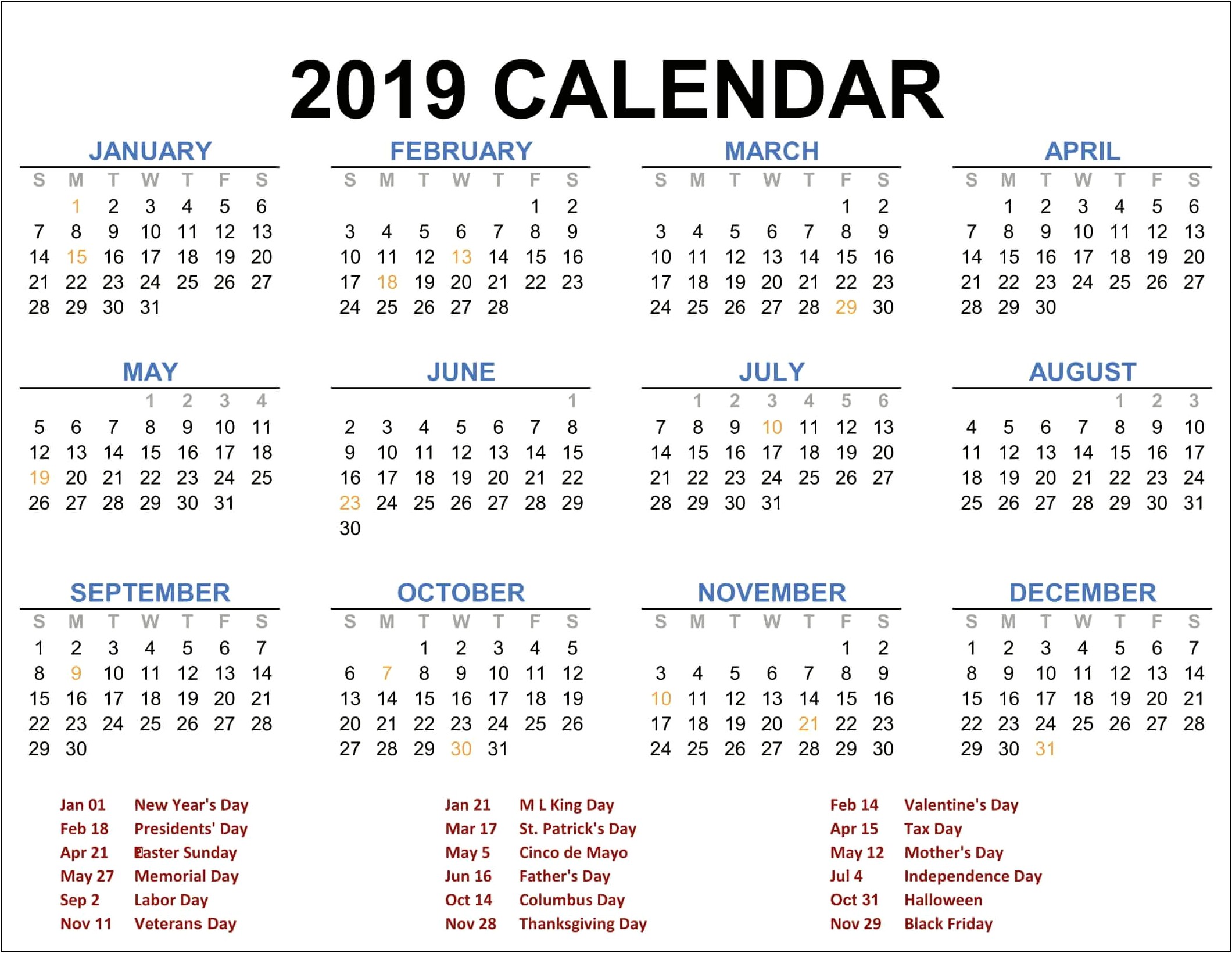 2019 Word Calendar Template Printable Form