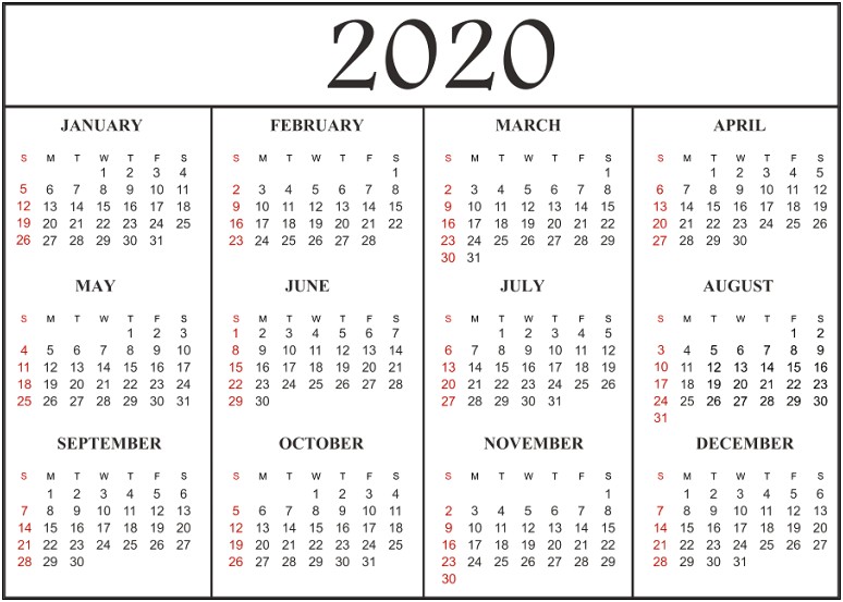 2020 One Page Calendar Template Word