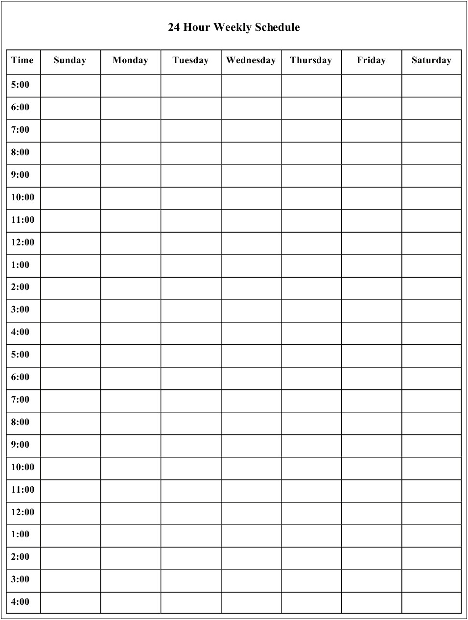 7 Day Template Word Hourly Schedule