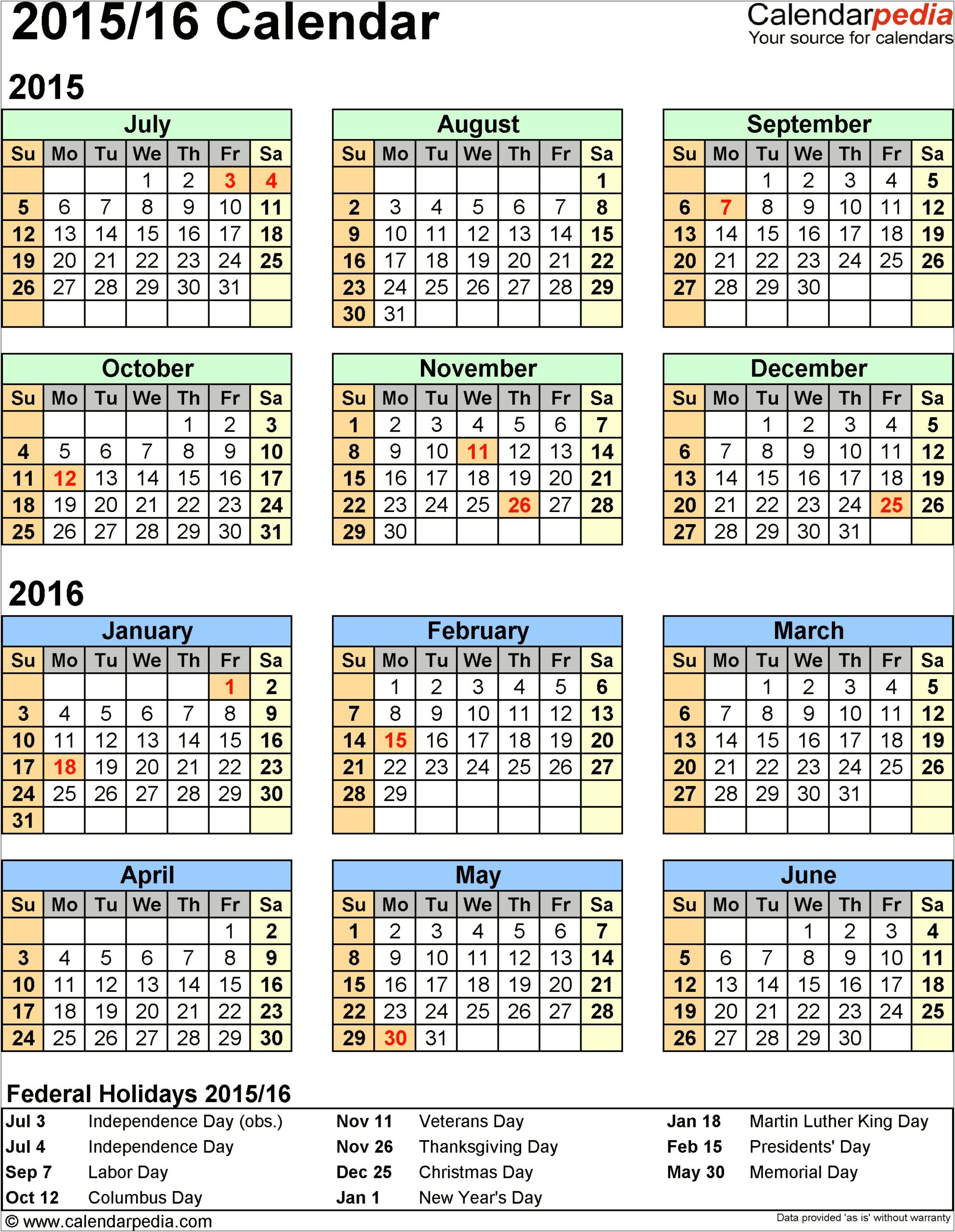Academic Calendar Word Template 2015 16