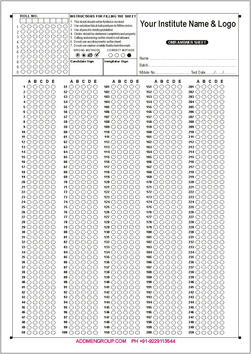 Answer Sheet Template 1 50 Word