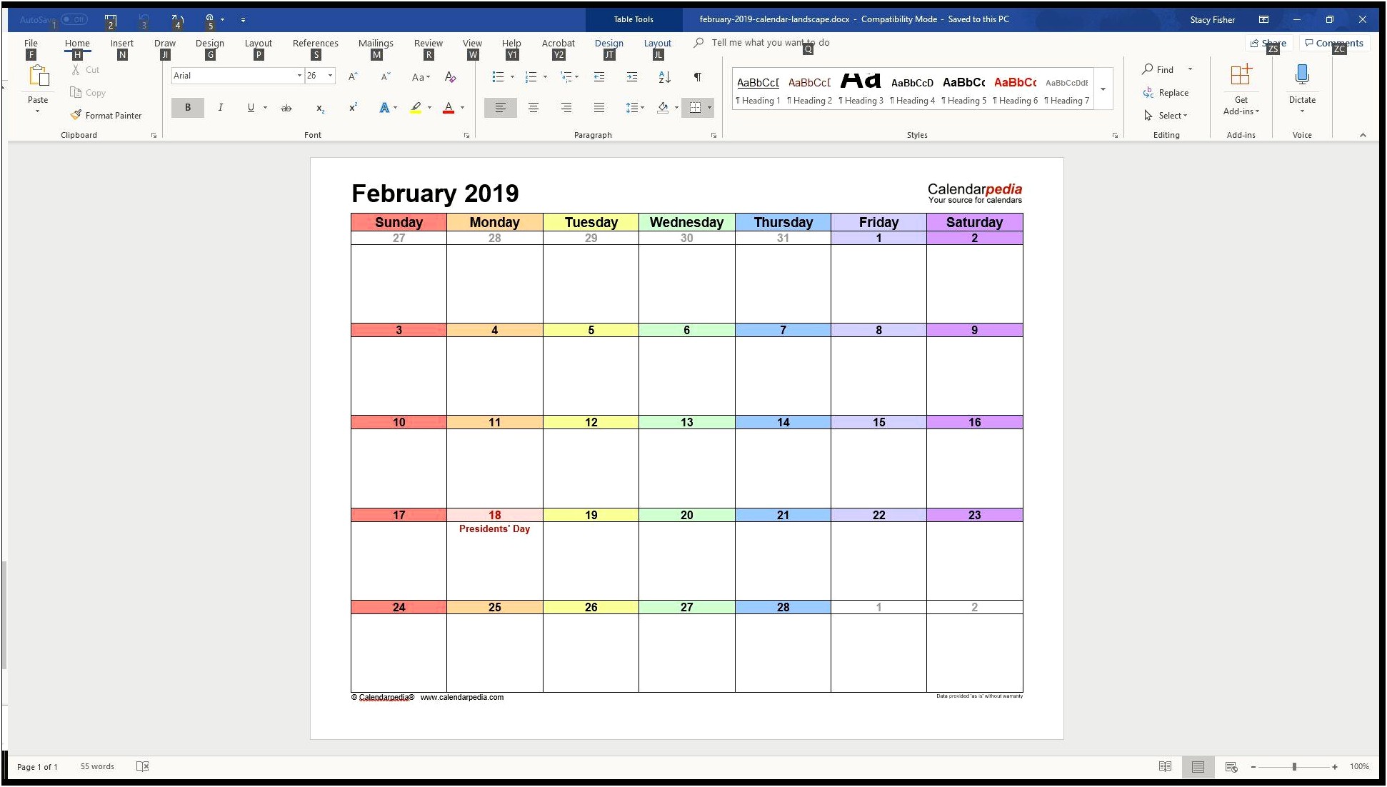 Any Year Monthly Calendar Template Word