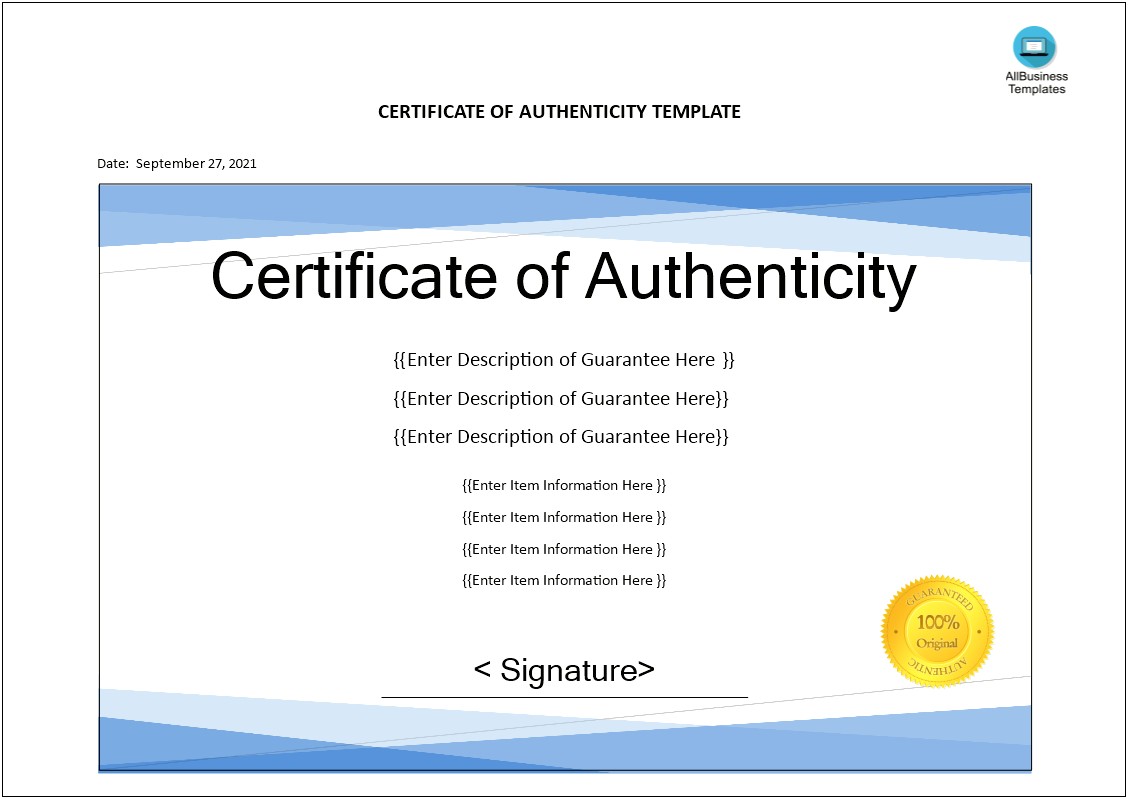 Art Certificate Of Authenticity Template Microsoft Word