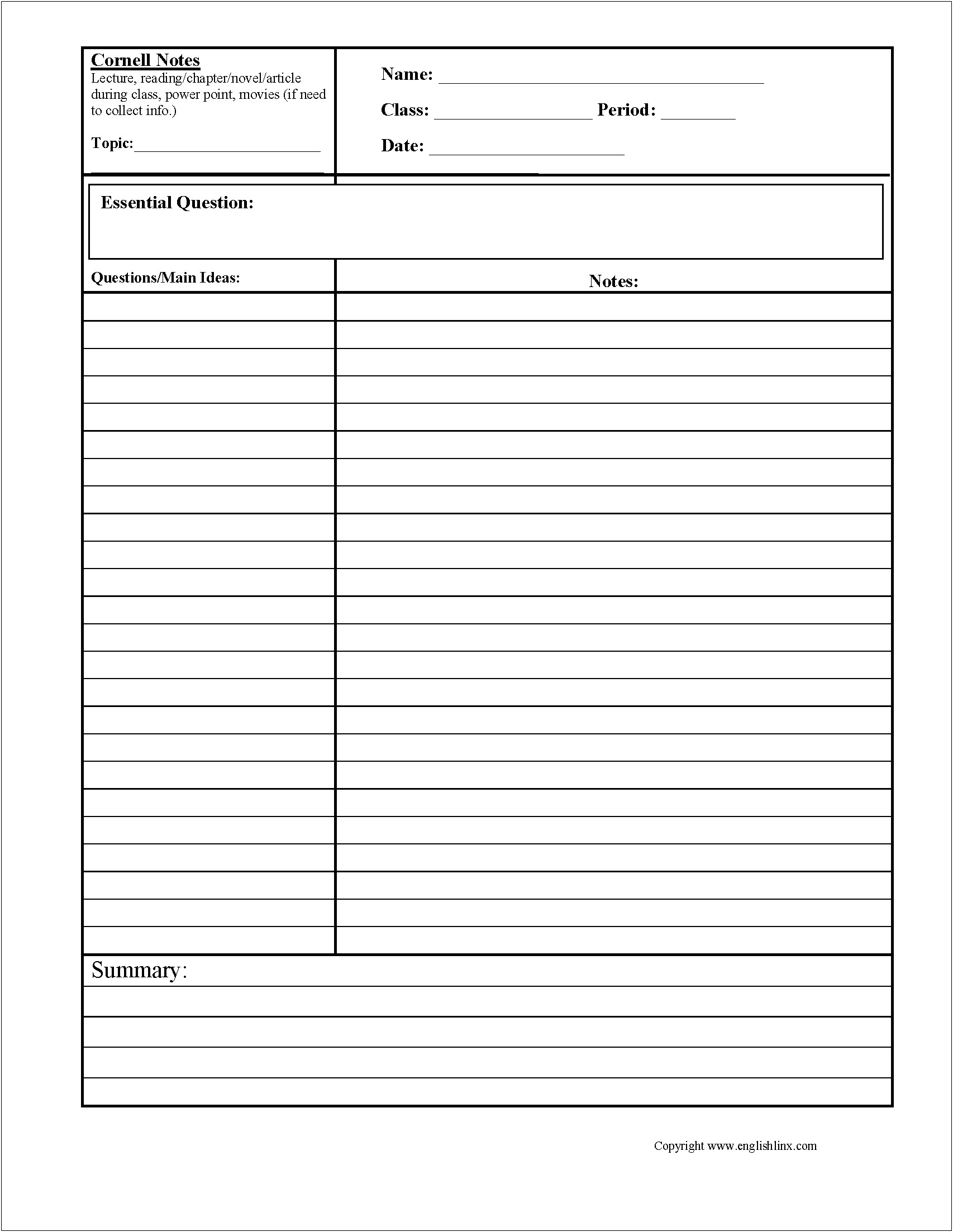 Avid Cornell Notes Template Word Document