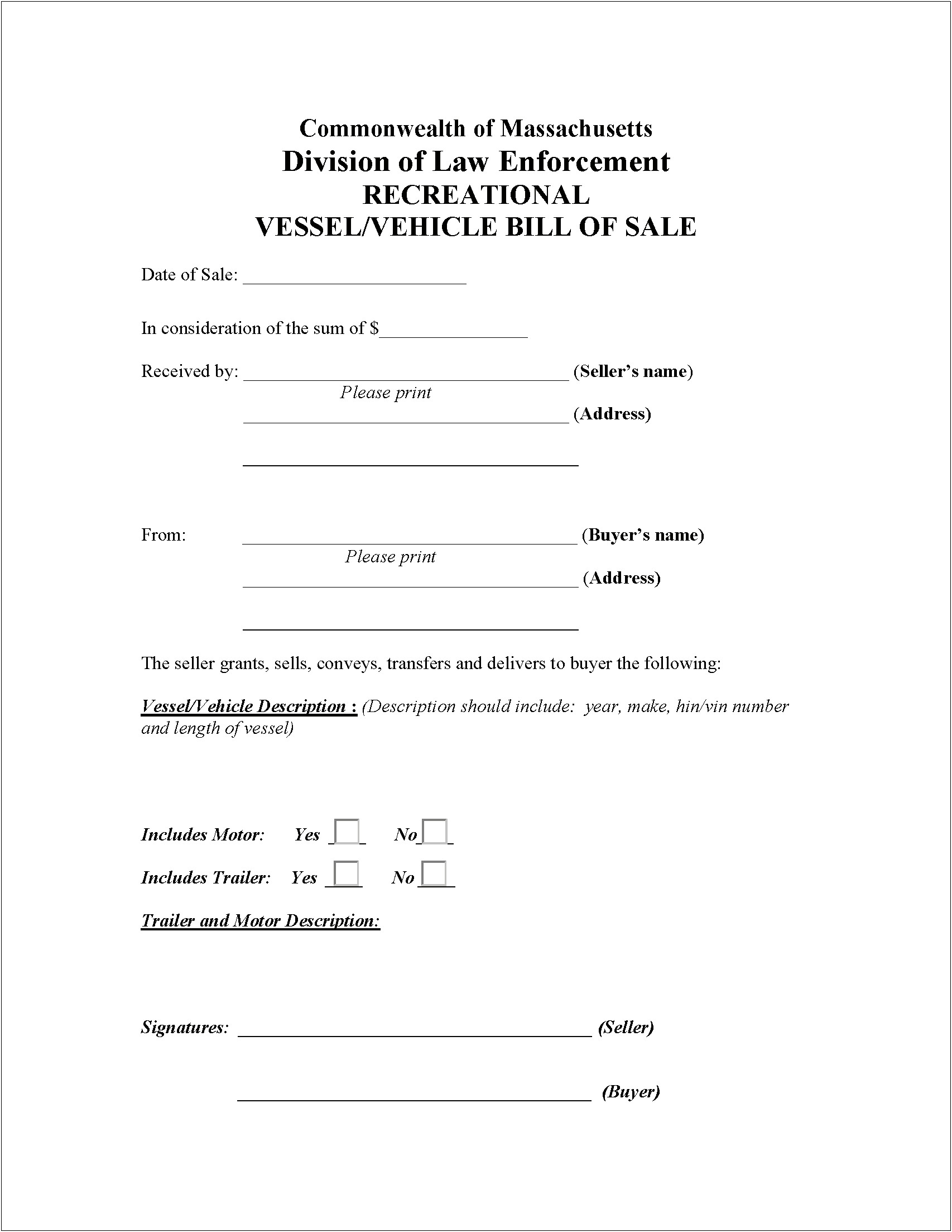 Basic Vehicle Bill Of Sale Template Word