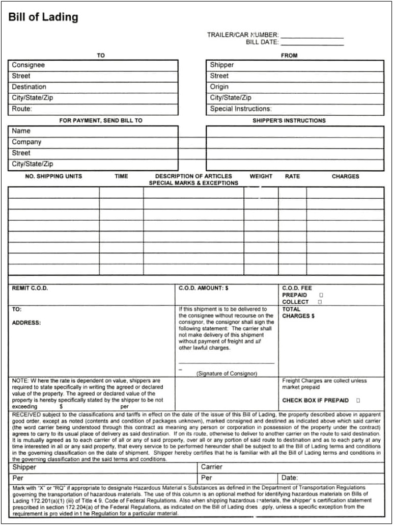 Bill Of Lading Microsoft Word Template