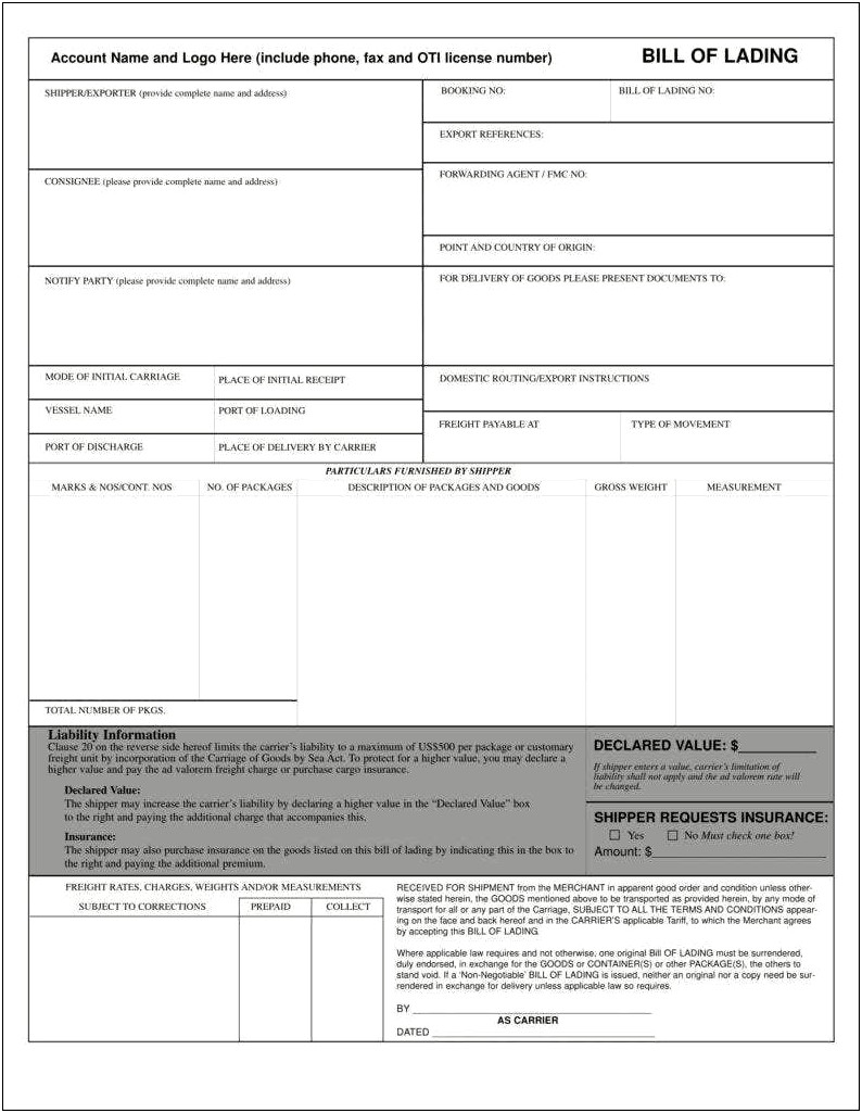 Bill Of Lading Template Word 2007