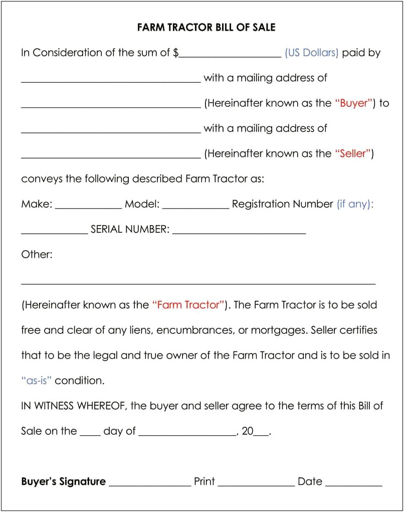 Bill Of Sale For A Tractor Word Template