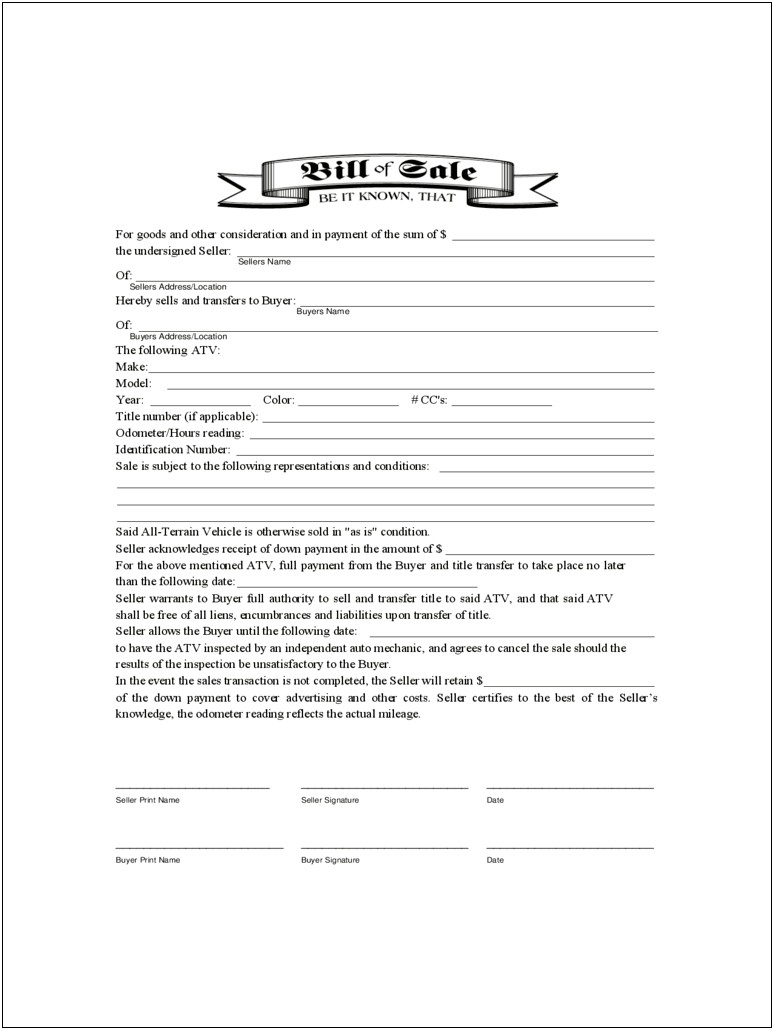 Bill Of Sale For A Truck Word Template