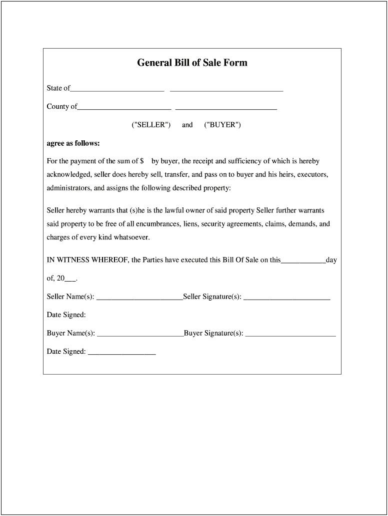 Bill Of Sale Form Template Word