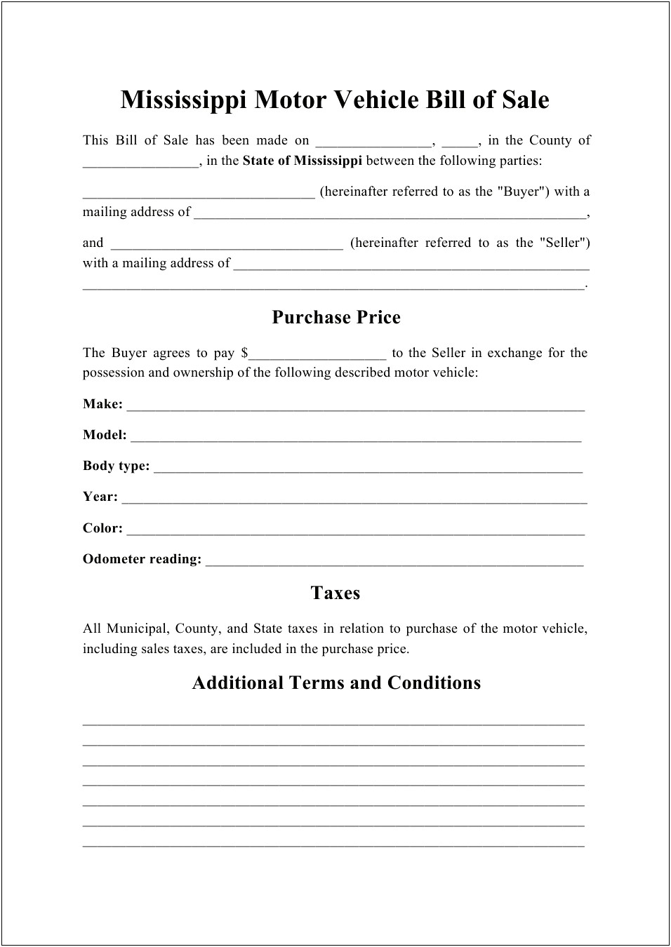 Bill Of Sale Ms Word Template