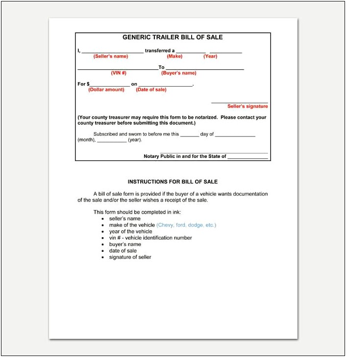 Bill Of Sale Template Word For Camper