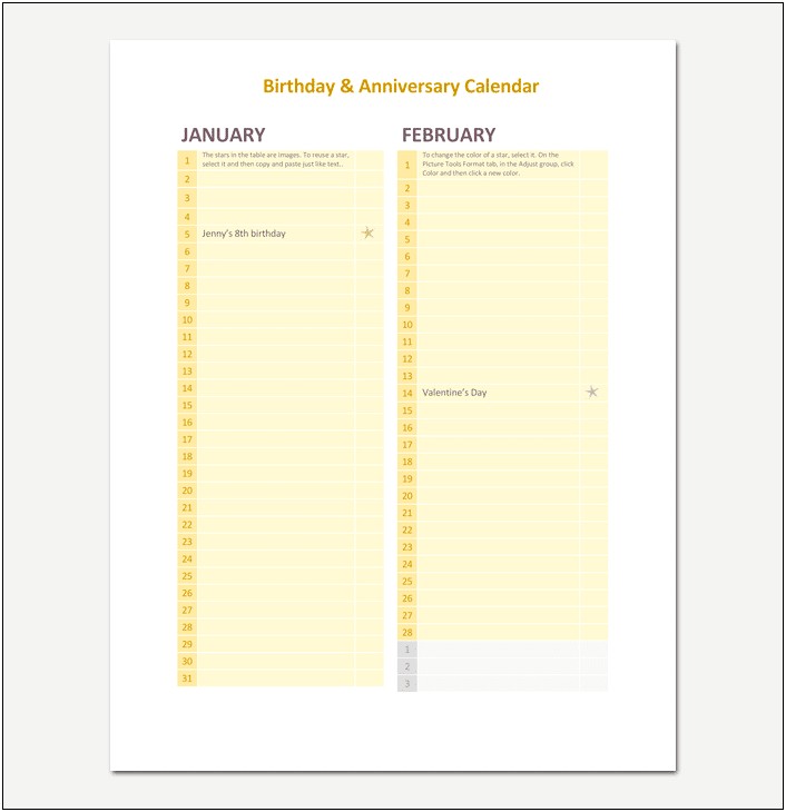 Birthday And Anniversary Calendar Template Word