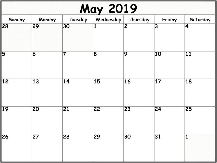 Blank Calendar Template Word May 2019