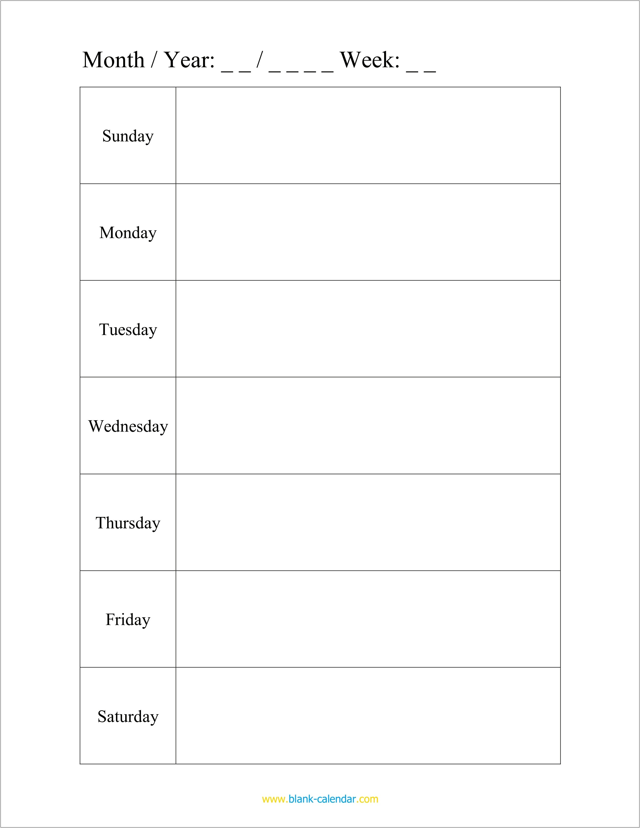 Blank Weekly Calendar Template Word Monday Through Suday