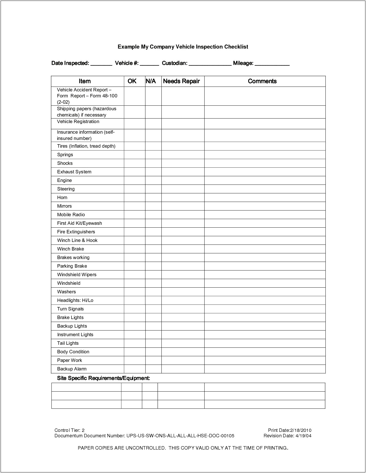 Body Shop Final Inspection Checklist Template Word