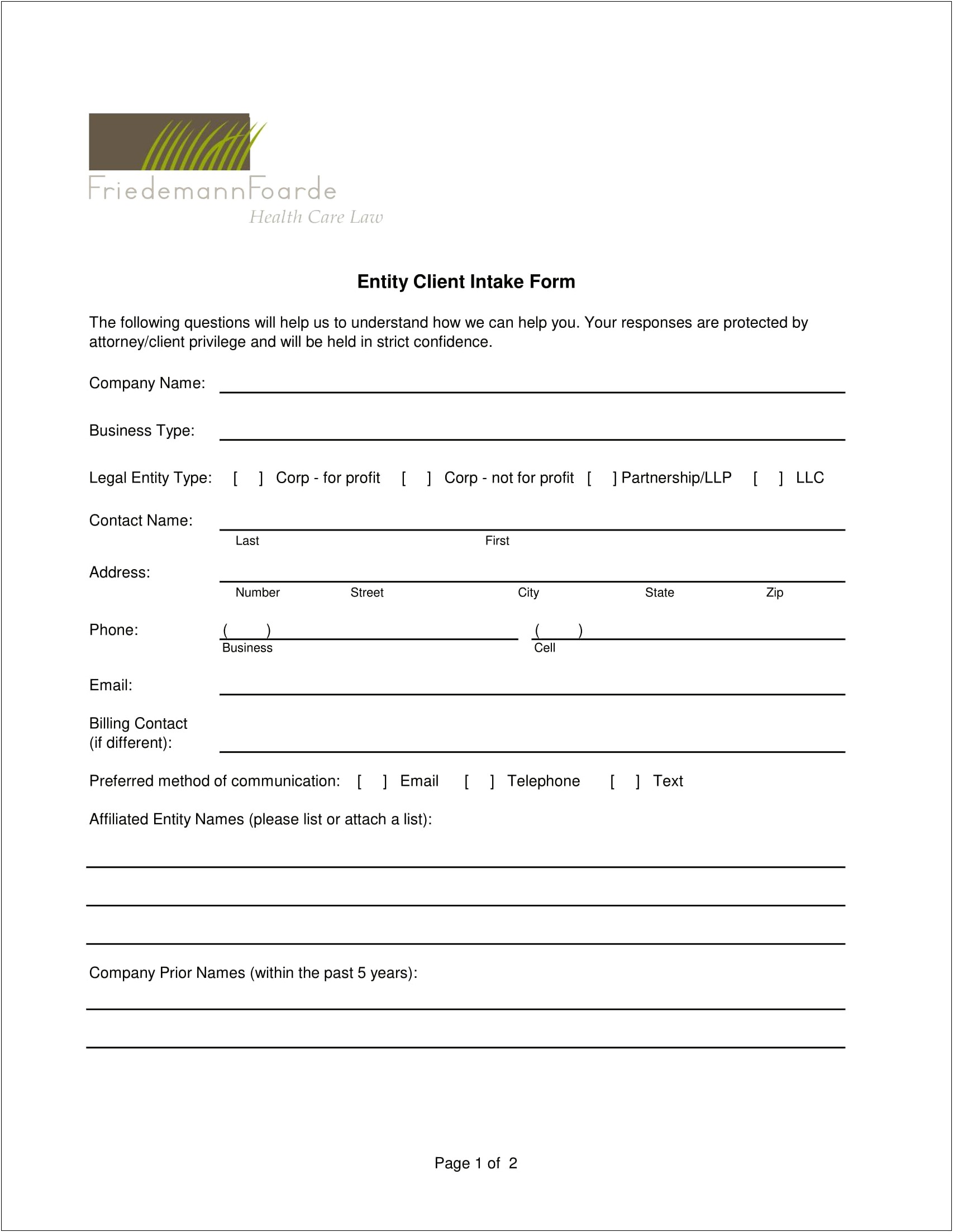 Business Client Intake Form Template Word
