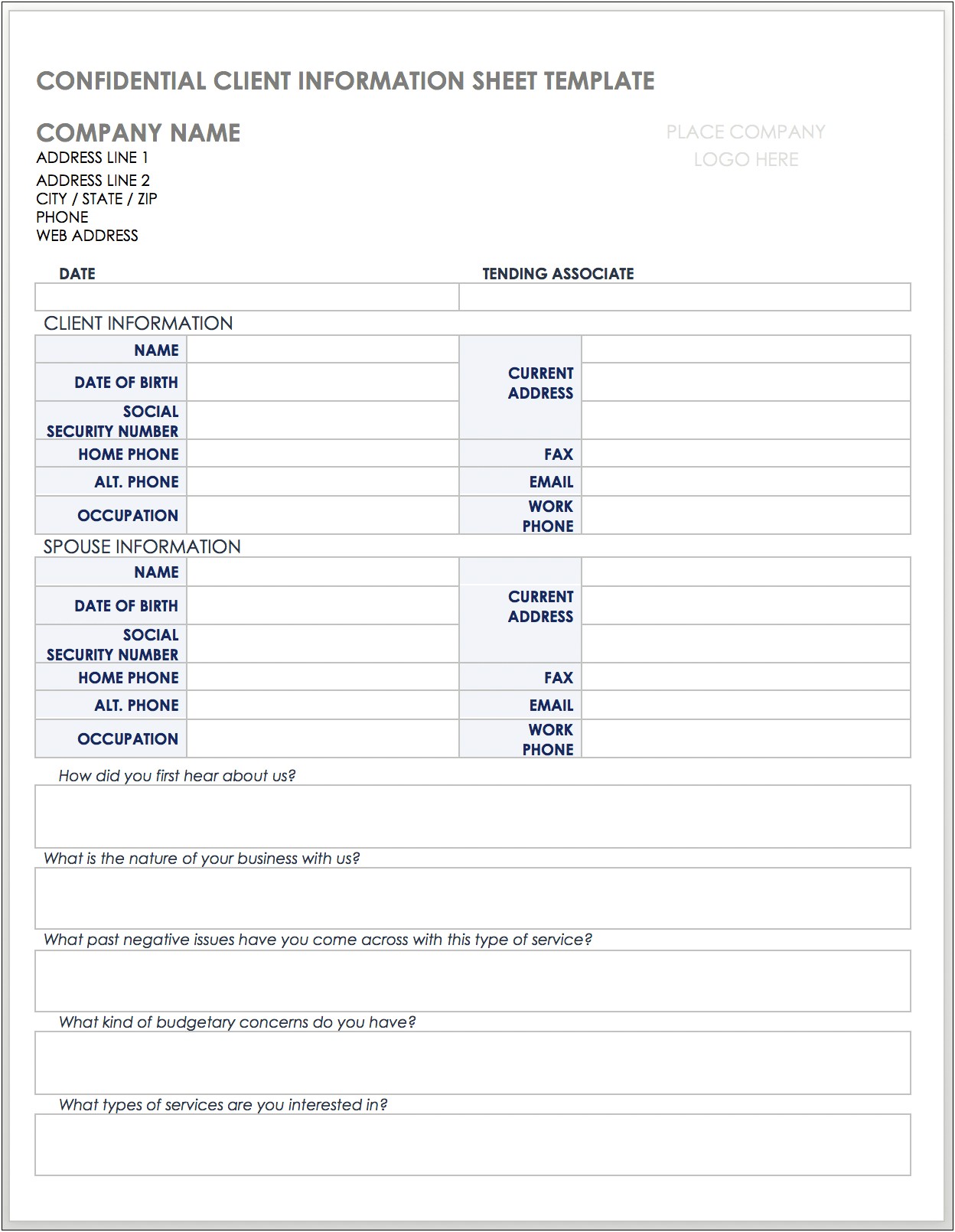 Business Client Sheet Word Template Simple