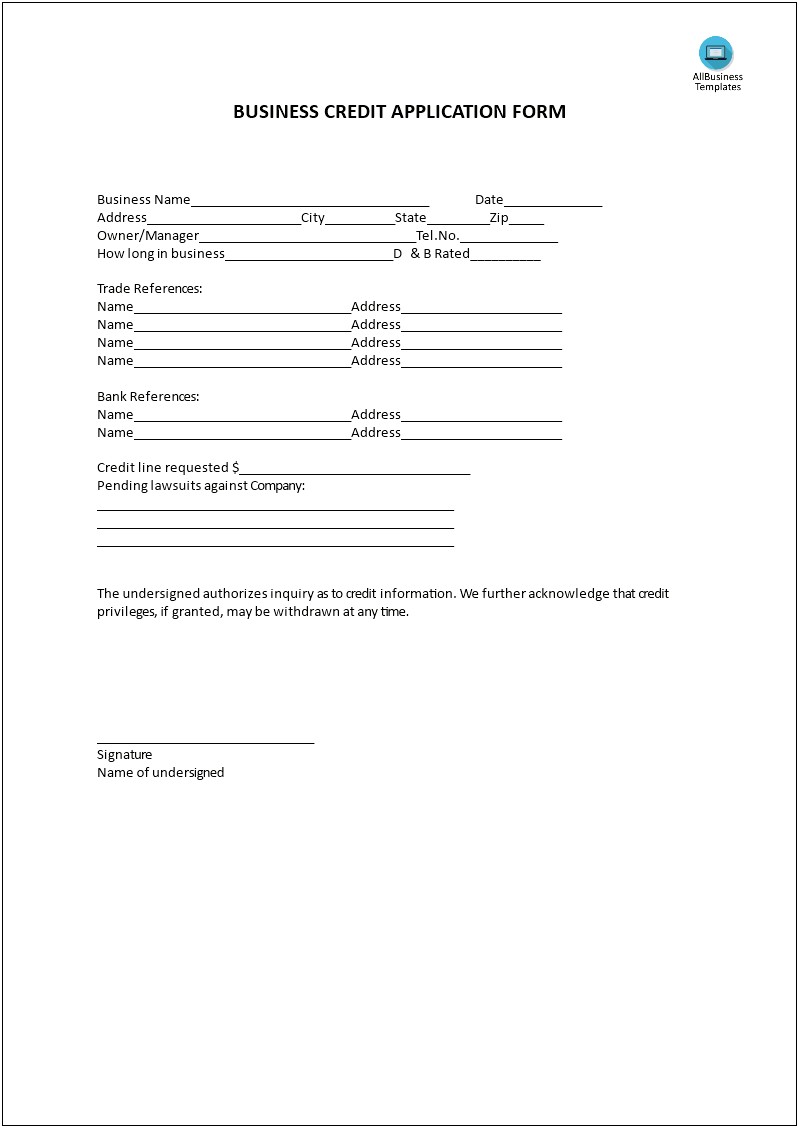 Business Credit Application Template Word Doc