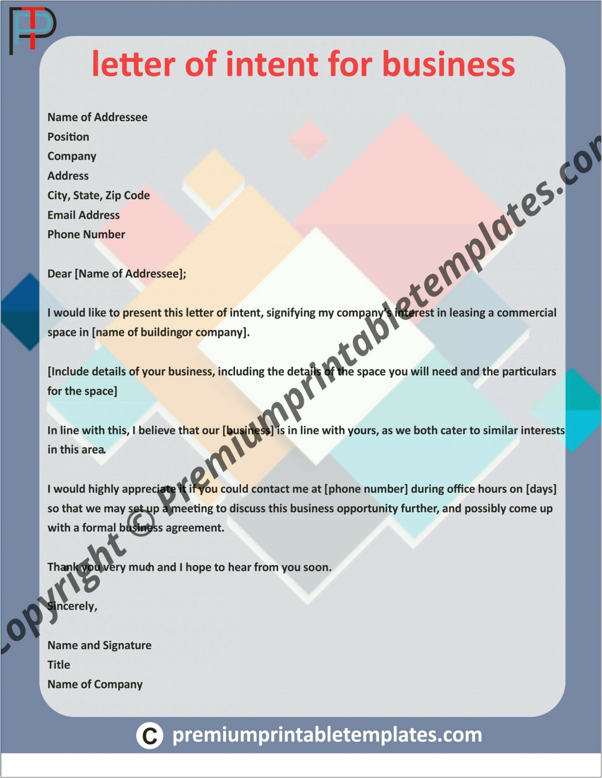 Business Graduate School Letter Of Intent Template Word