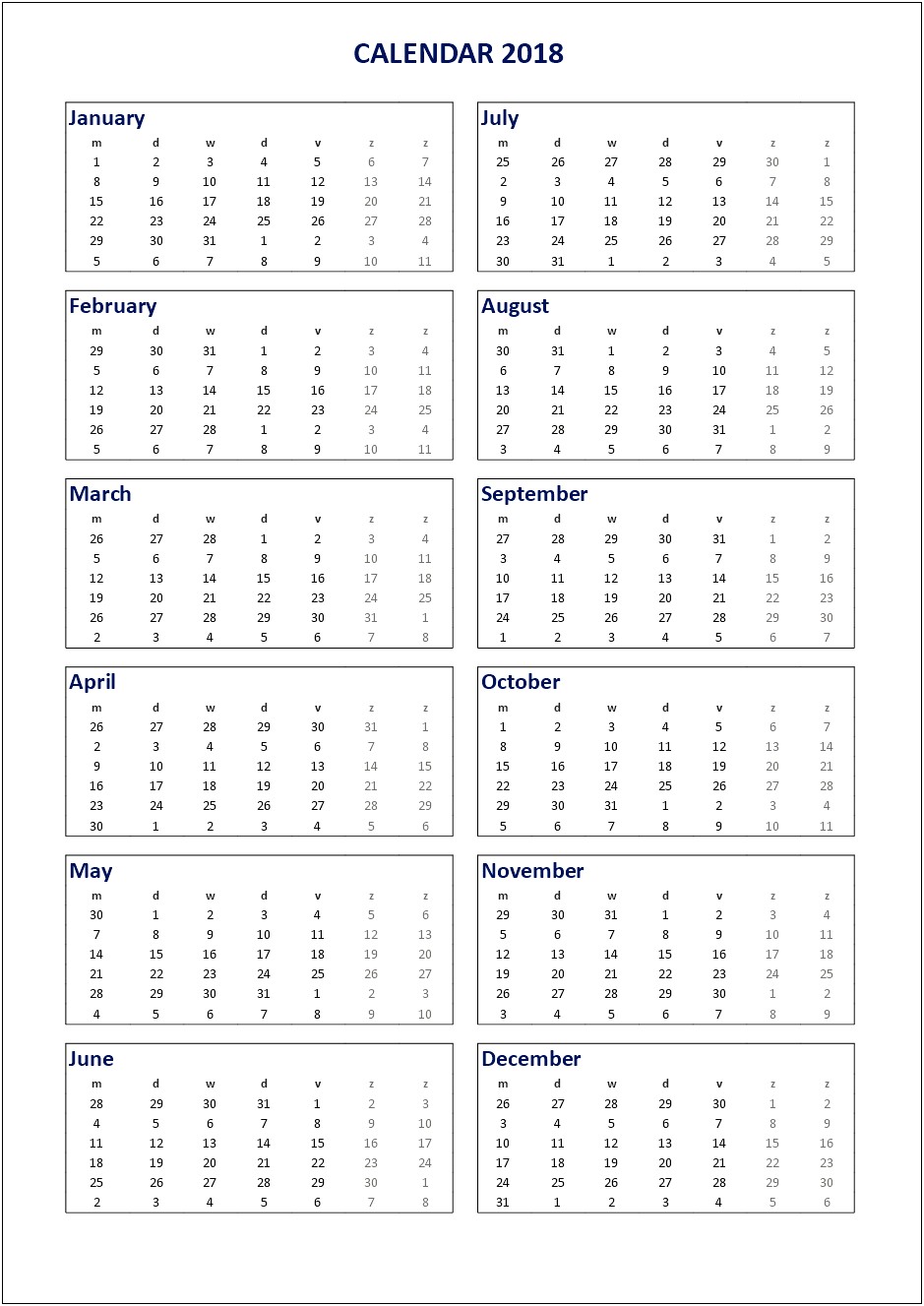 Calendar Listed Out In Word Template