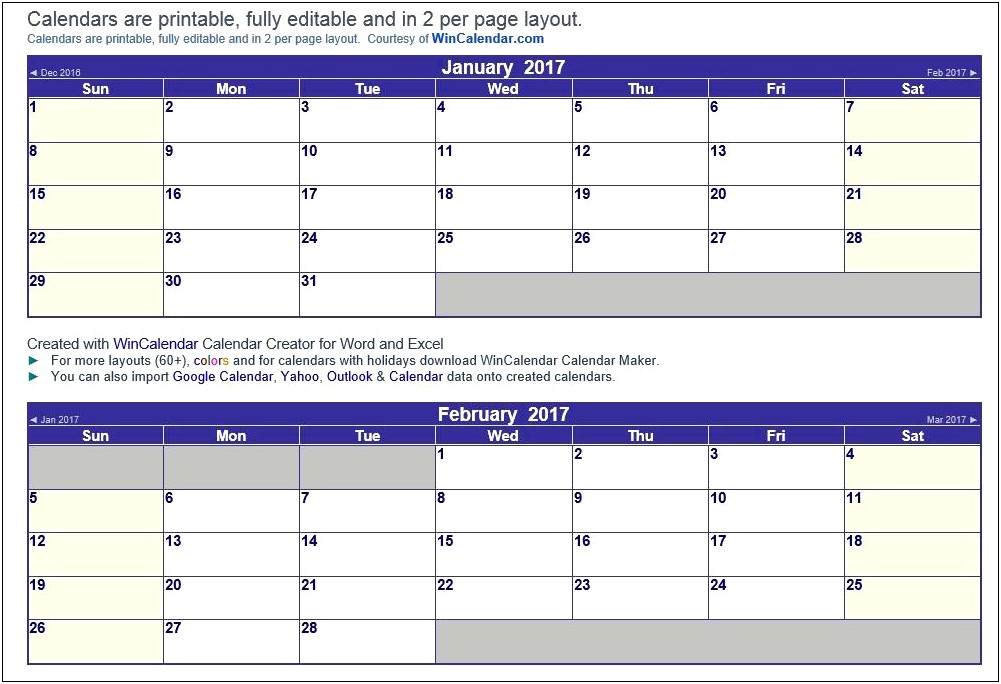 Calendar Template February 2017 In Word