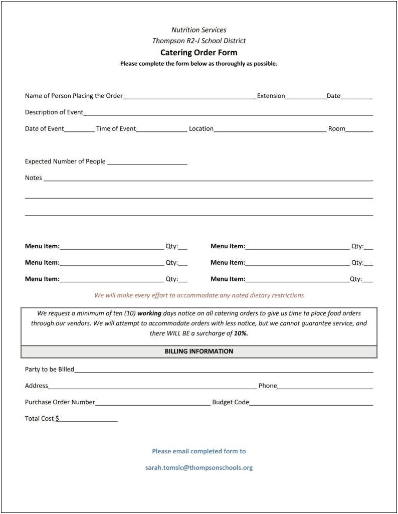Catering Food Prep Form Template Word