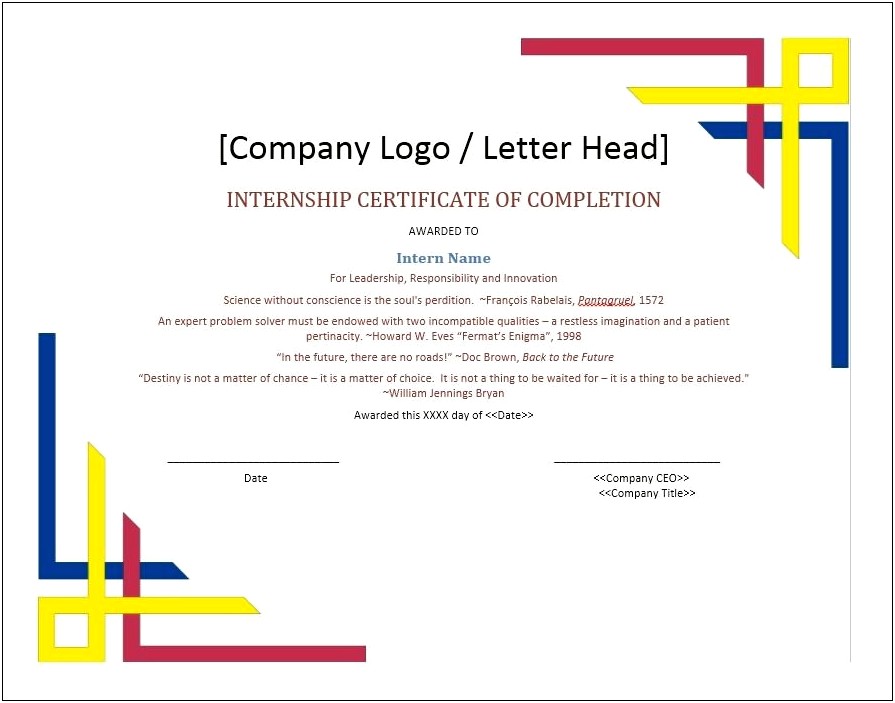Certificate Of Completion Template Ms Word Format