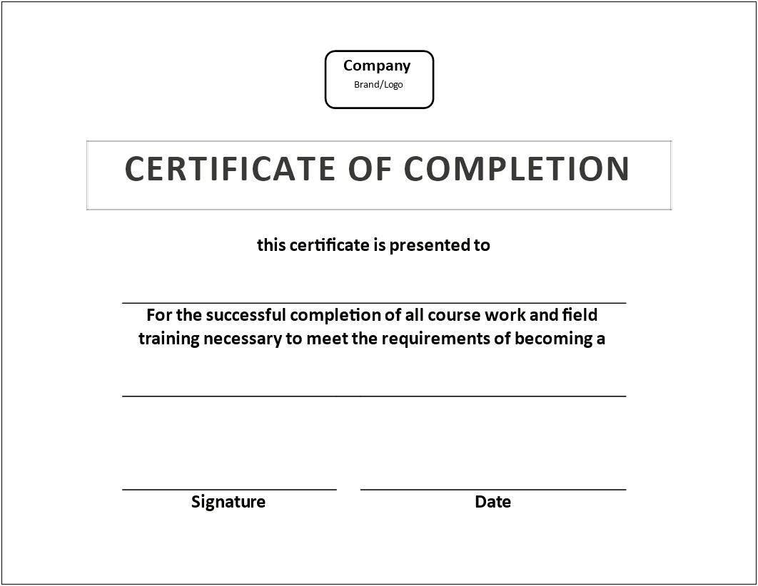 Certificate Of Completion Word Document Template
