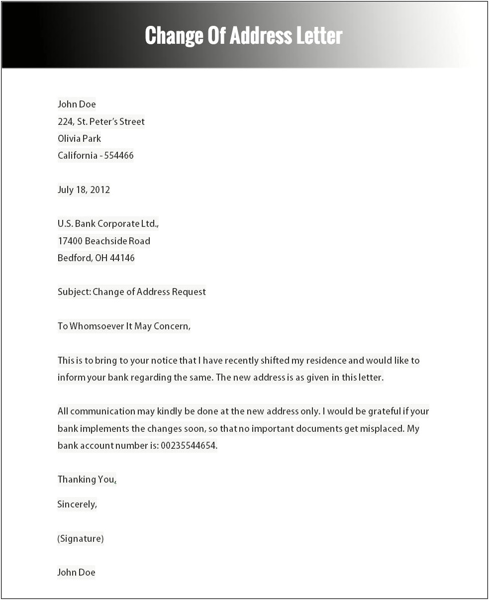 Change Of Address Letter Template Word