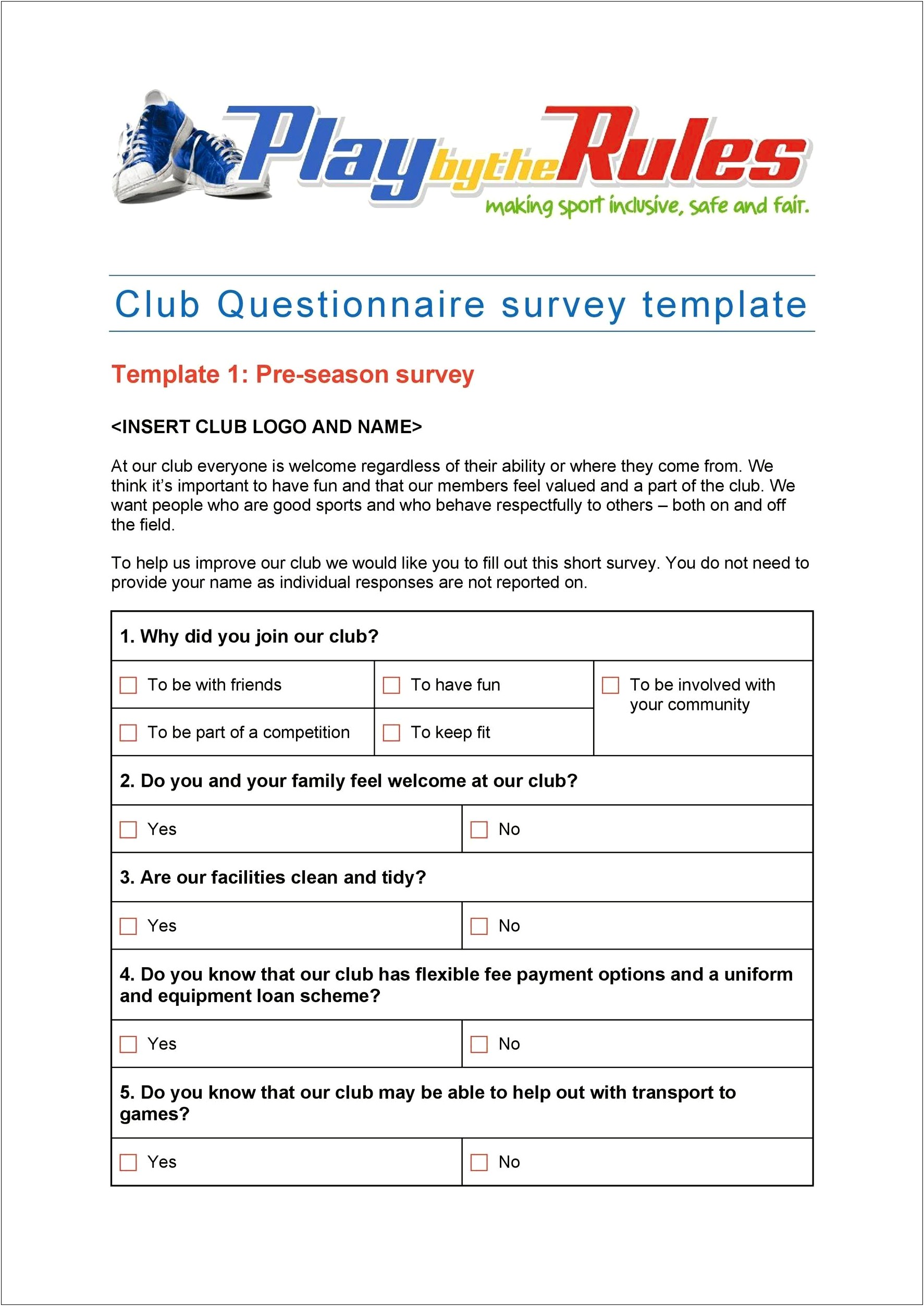 Childrens Class Activity Questionnaire Template Word
