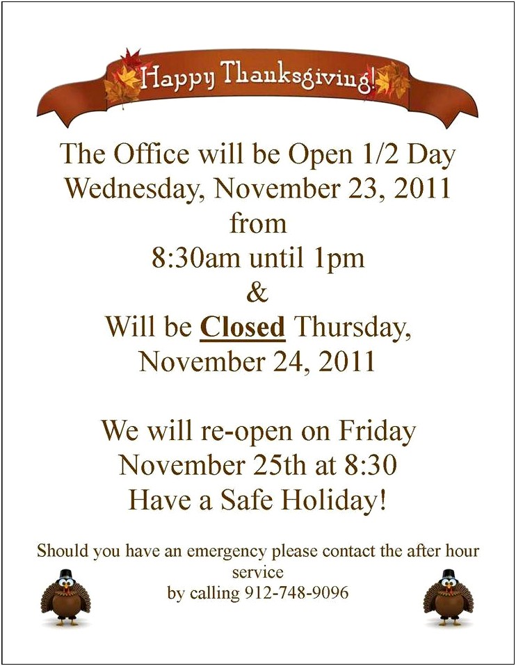Closed For Thanksgiving Sign Template Word