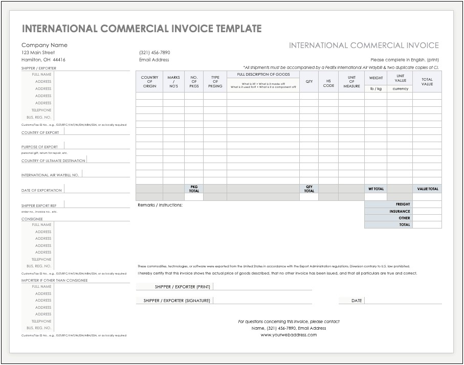 Commercial Invoice Template Word For Shipping