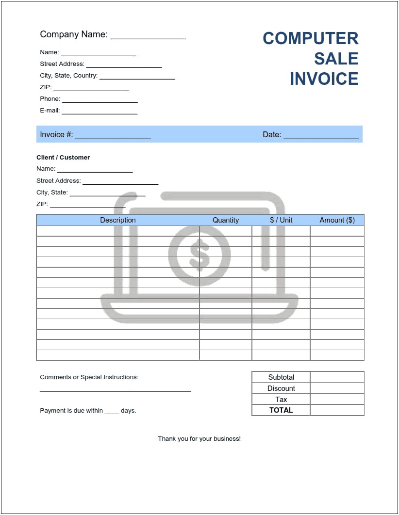 Computer Sales Invoice Template In Word
