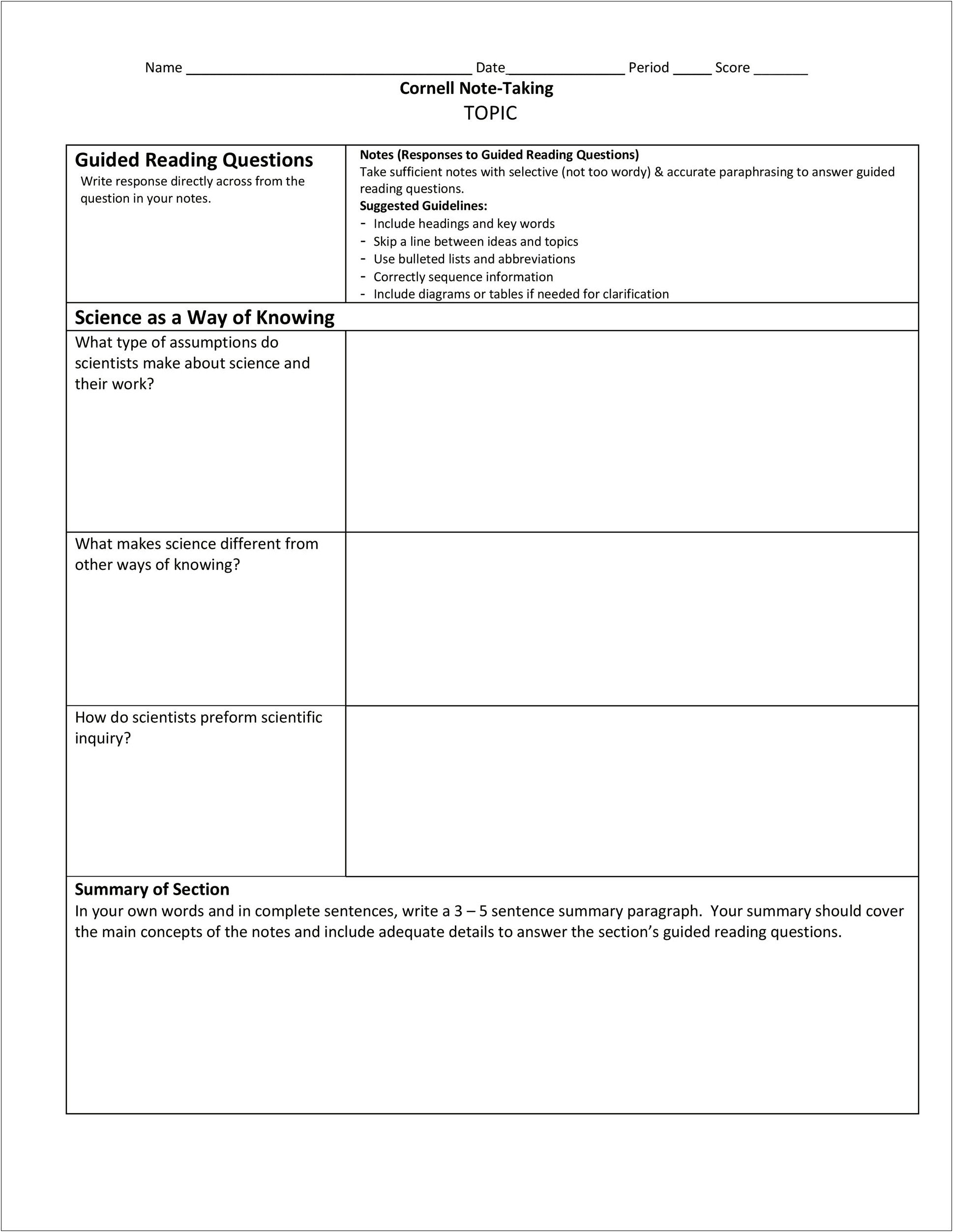Cornell Method Of Note Taking Word Template