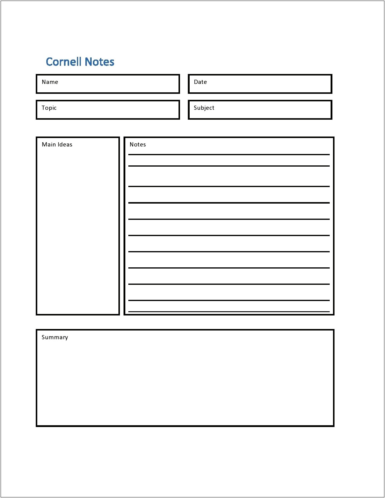 Cornell Note Taking Microsoft Word Template