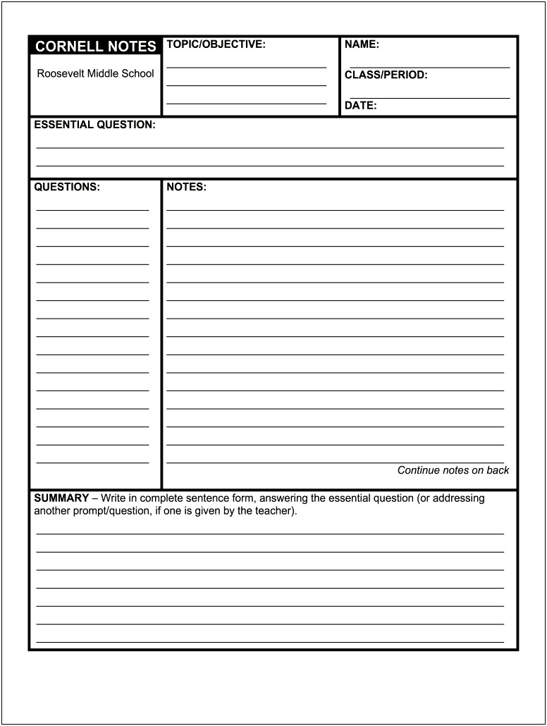 Cornell Note Taking Template Microsoft Word