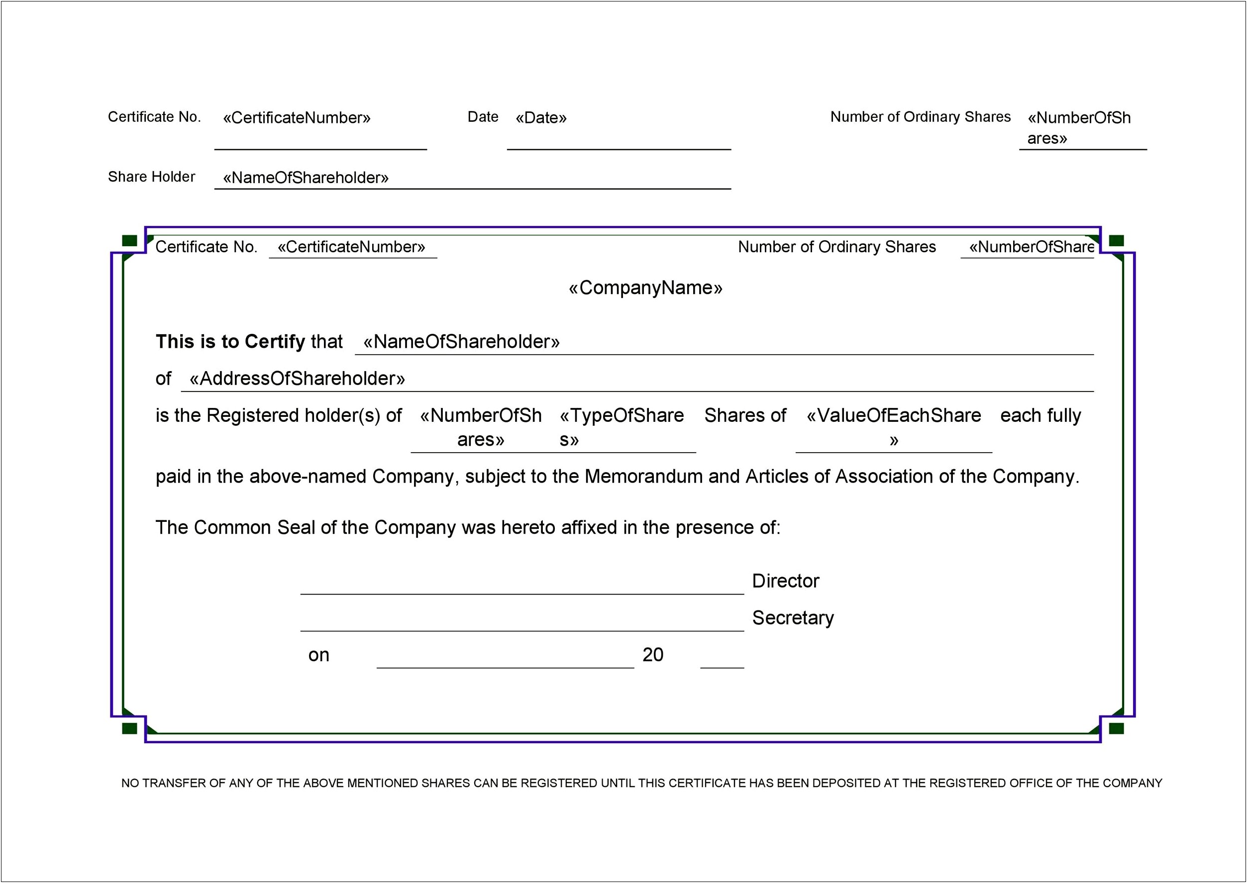 Corpkit Standard Wording Corporation Stock Certificate Template