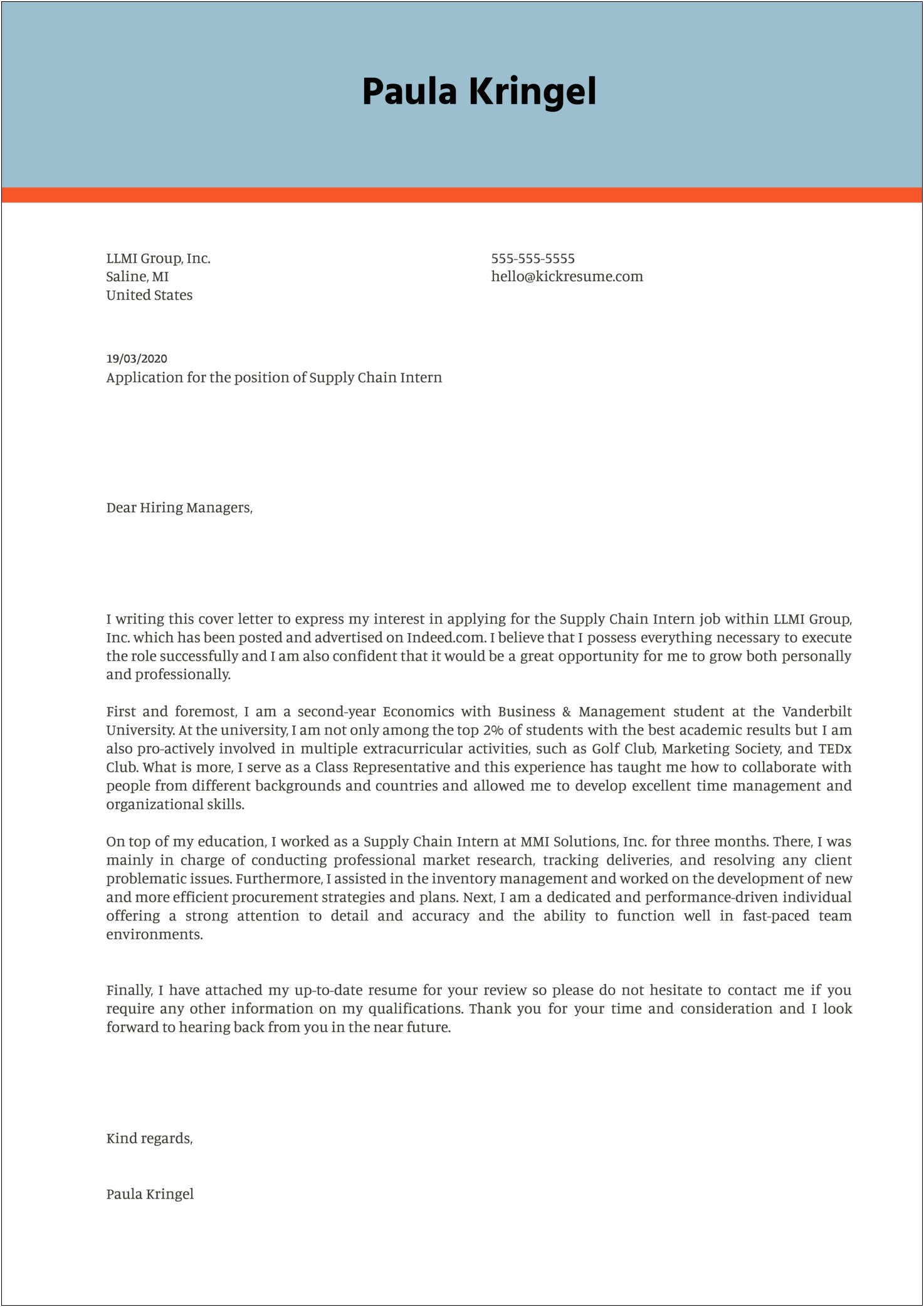 Cover Letter For Internship Template Word